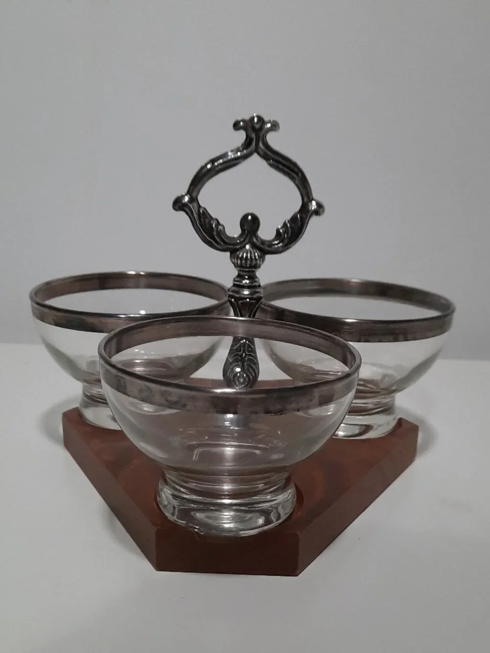 Vintage MCM 3 Bowl Silverplate Rim Glass Condiment Relish Caddy Wood Base